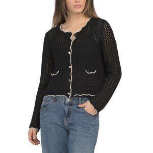 GEMMA+ JANE Black/ivory Scallop Edge Open Stitch Cardigan